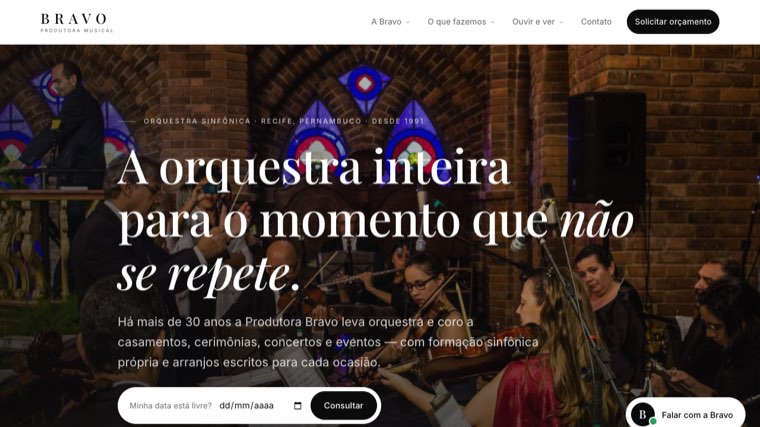 Prévia do site da Produtora Bravo, orquestra de Recife, com a consulta de data livre