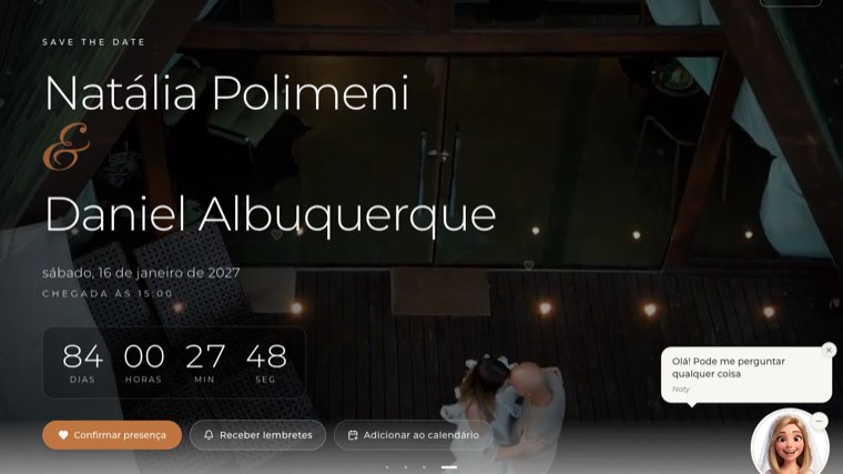 Página inicial do site do casamento de Natália e Daniel, com contagem regressiva e botão de confirmar presença